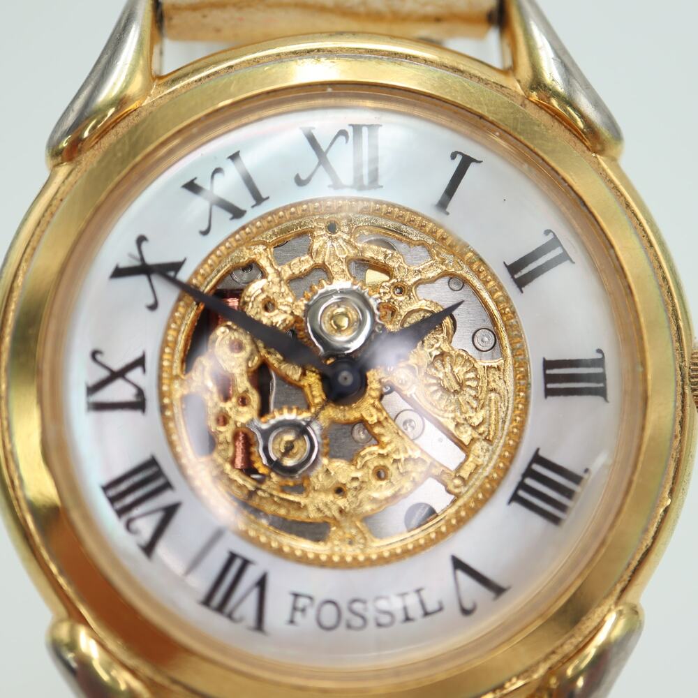 Vintage Fossil Faux Skeleton MOP 34mm Unisex Watch Beige Leather w New Battery - Picture 5 of 15